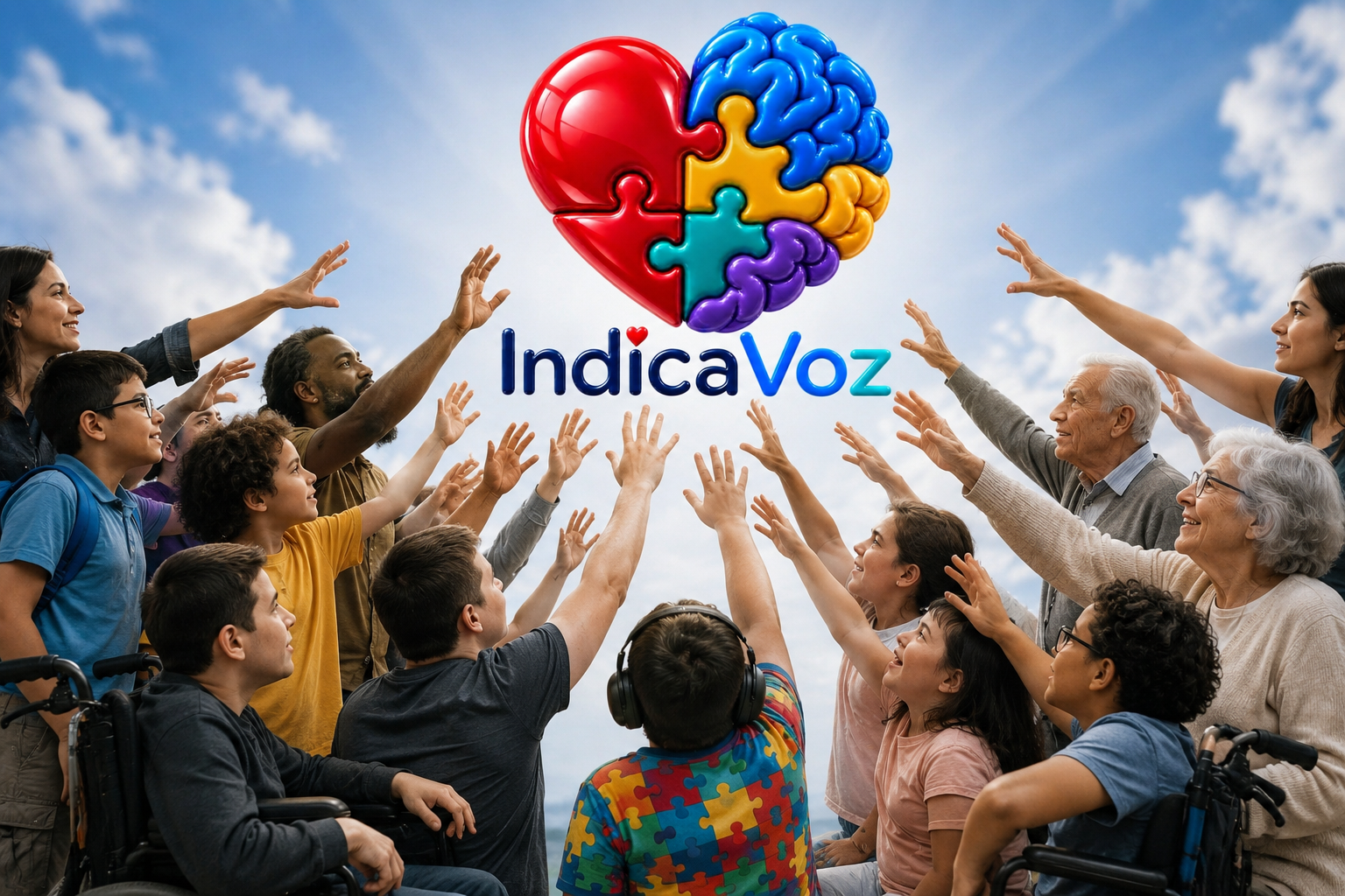 Pessoas de diferentes idades com as mãos estendidas em direção à logo do IndicaVoz